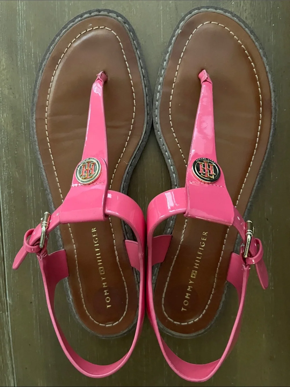 Tommy Hilfiger Pink Patent T-Strap Sandals with Logo Medallion